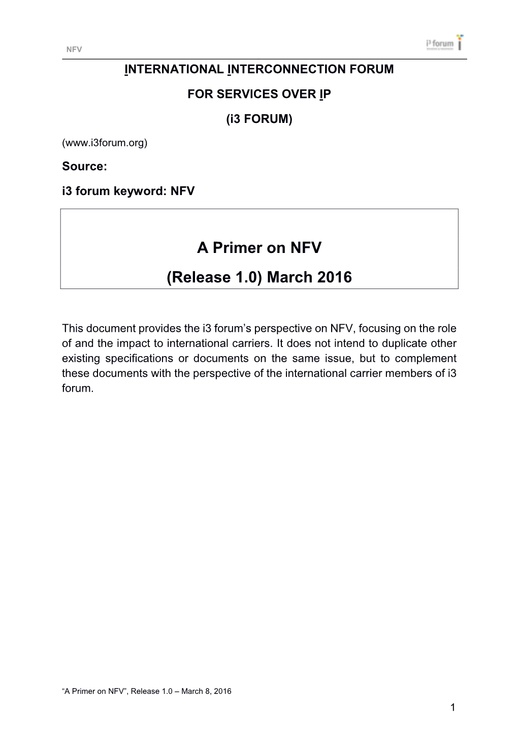 A Primer on NFV (Release 1.0) March 2016