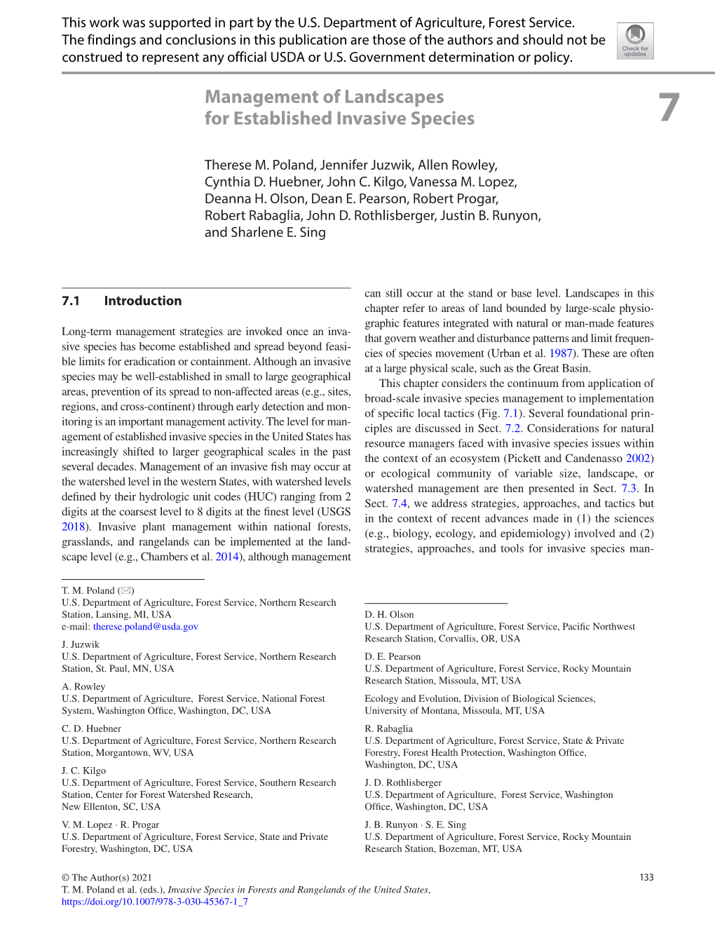 Management of Landscapes for Established Invasive Species 7