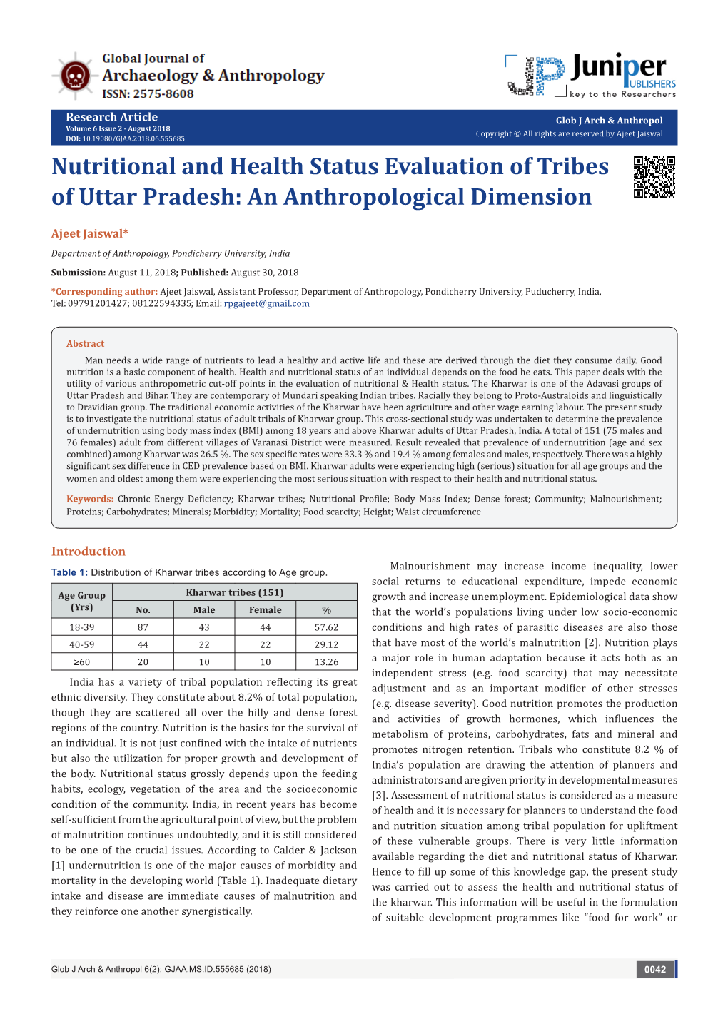 Nutritional and Health Status Evaluation of Tribes of Uttar Pradesh: an Anthropological Dimension