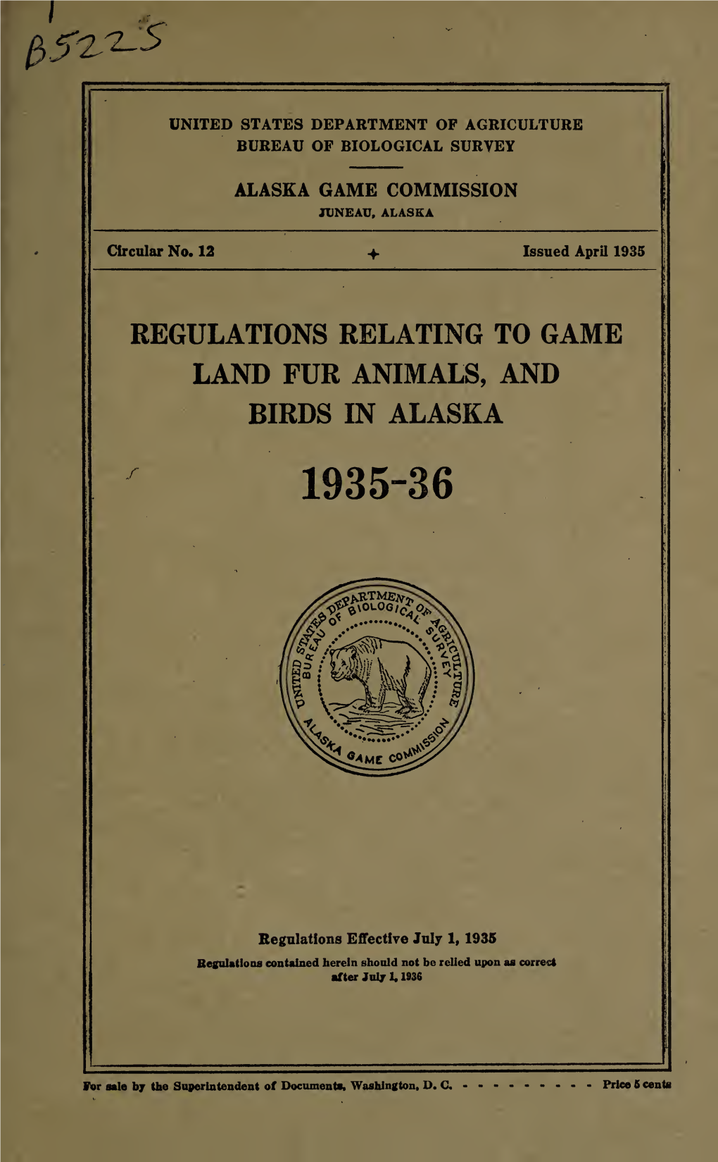 Regulations Relating to Game Land Fur Animals, and Birds in Alaska 1935-36
