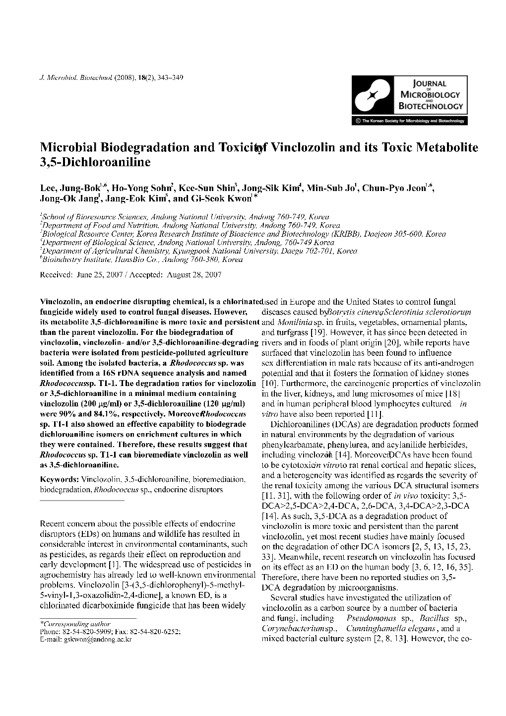 Microbial Biodegradation and Toxicity of Vinclozolin and Its Toxic Metabolite 3,5-Dichloroaniline