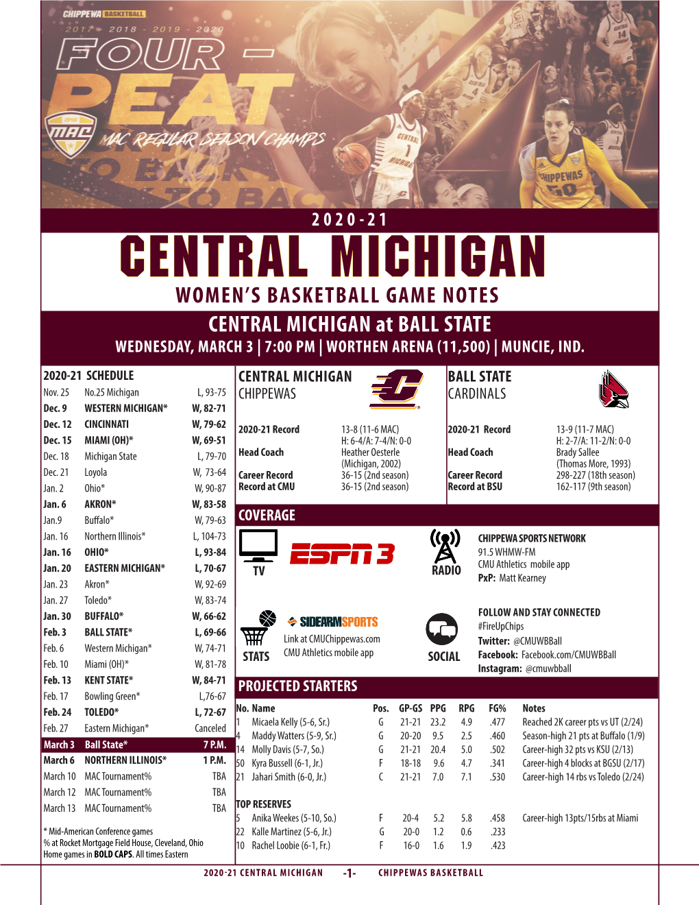 CENTRAL MICHIGAN WOMEN’S BASKETBALL GAME NOTES CENTRAL MICHIGAN at BALL STATE WEDNESDAY, MARCH 3 | 7:00 PM | WORTHEN ARENA (11,500) | MUNCIE, IND