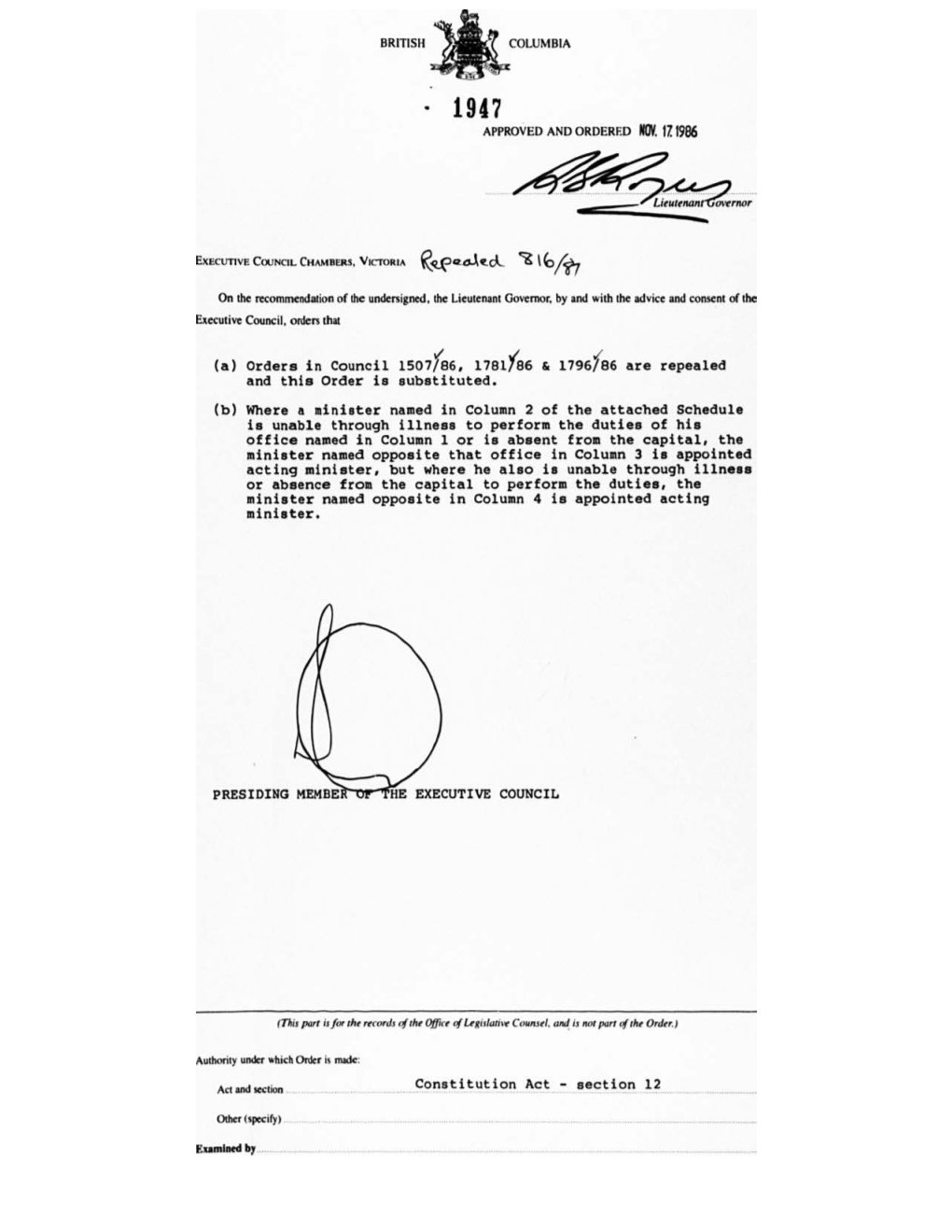 Order in Council 1947/1986