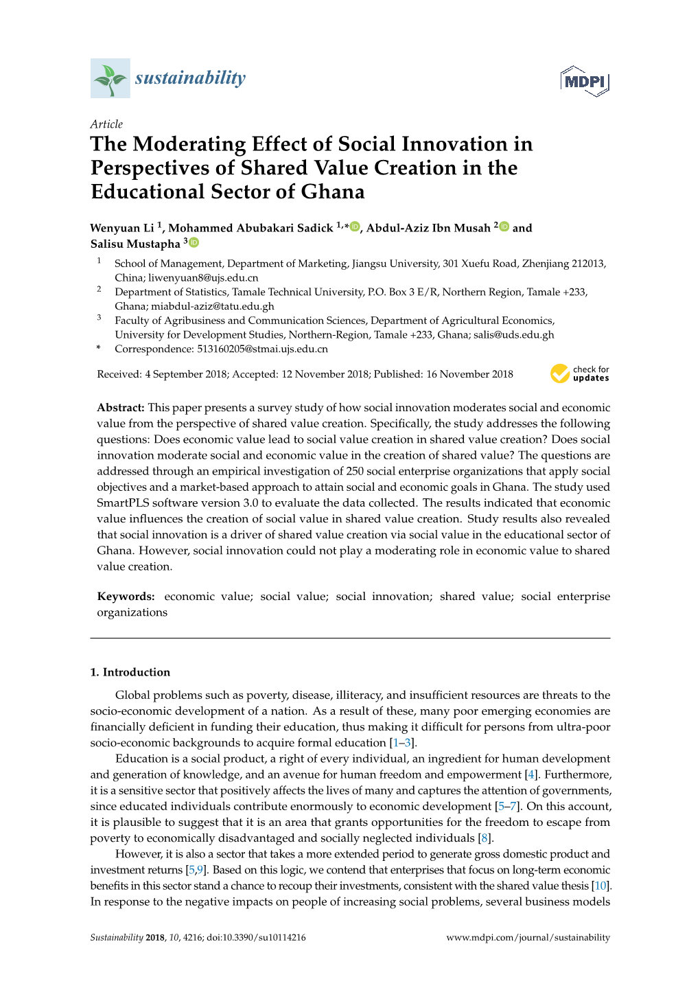 The Moderating Effect of Social Innovation in Perspectives of Shared Value Creation in the Educational Sector of Ghana