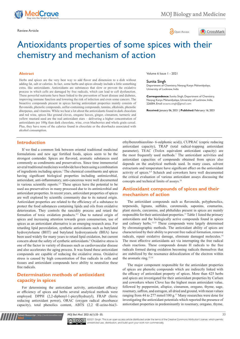 Antioxidants Properties of Some Spices with Their Chemistry and Mechanism of Action