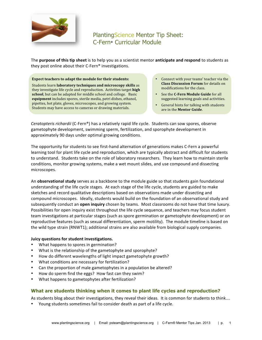 Plantingscience Mentor Tip Sheet: C-Fern® Curricular Module