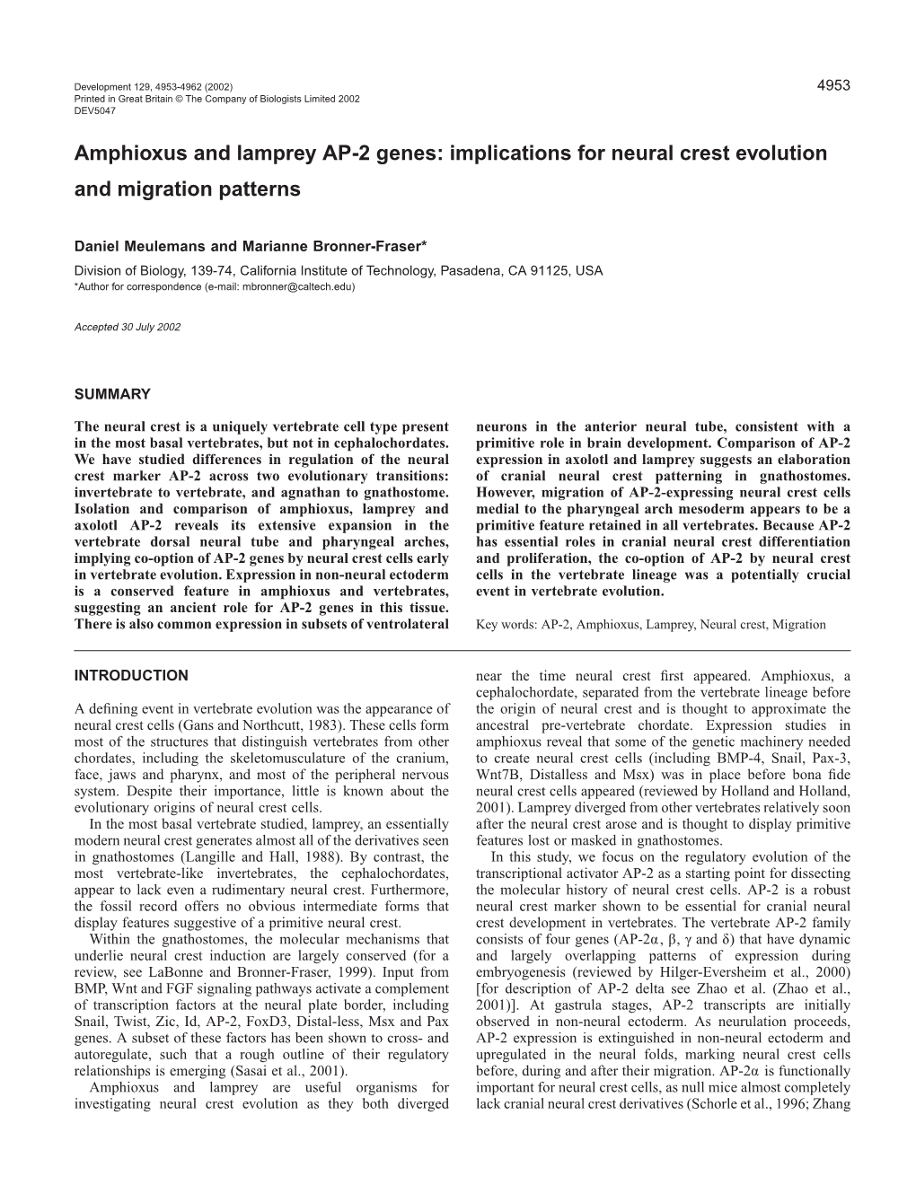 Amphioxus and Lamprey AP-2 Genes: Implications for Neural Crest Evolution and Migration Patterns