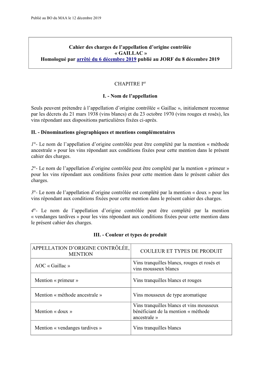 Cahier Des Charges De L'appellation D'origine Contrôlée « GAILLAC