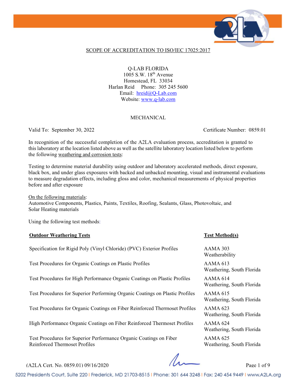 09/16/2020 Page 1 of 9 SCOPE of ACCREDITATION to ISO/IEC