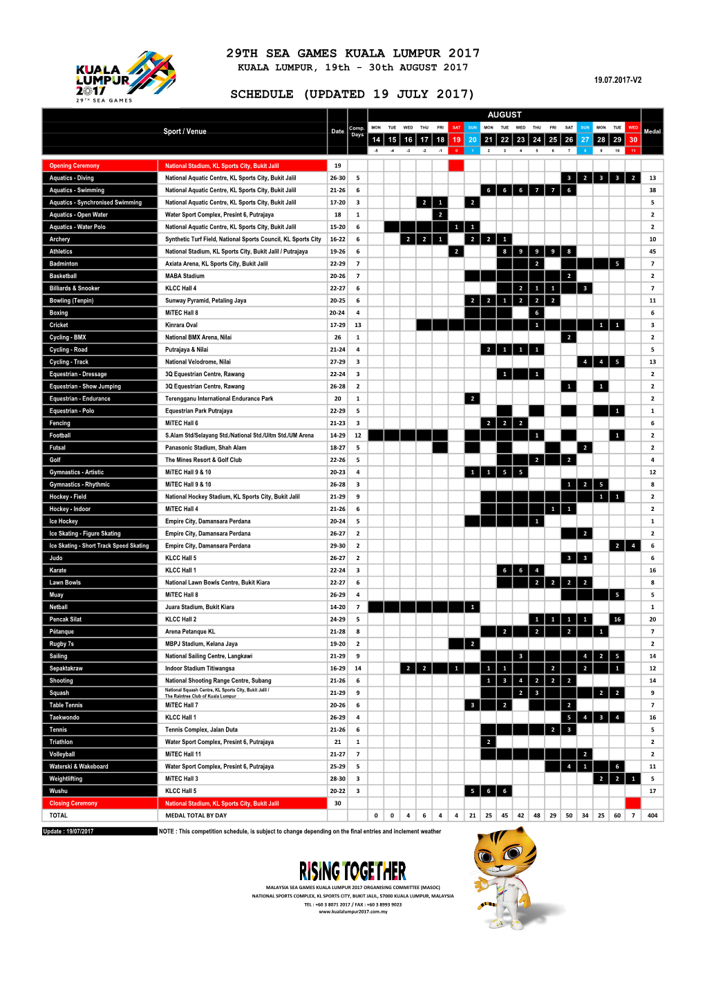 29Th Sea Games Kuala Lumpur 2017 Schedule (Updated 19