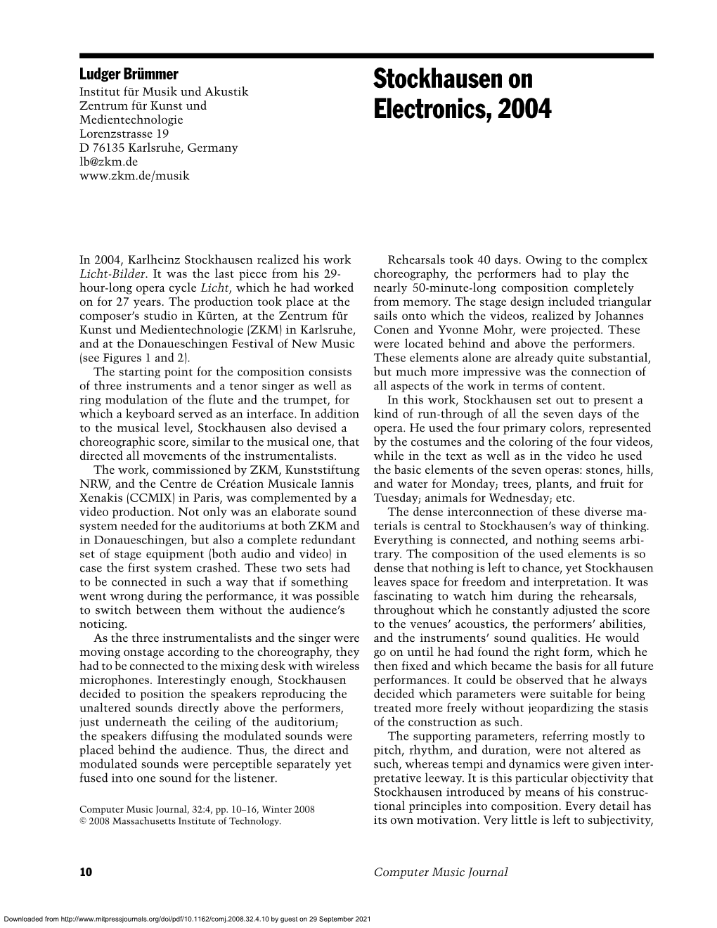 Stockhausen on Electronics, 2004