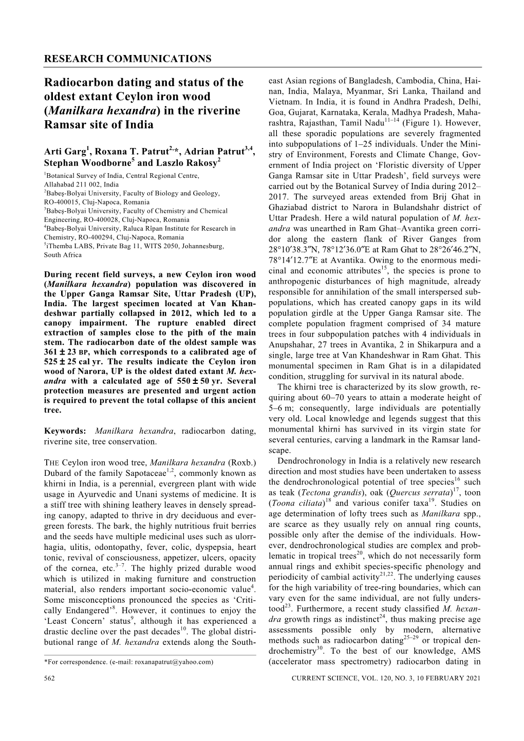 Radiocarbon Dating and Status of the Oldest Extant Ceylon Iron Wood