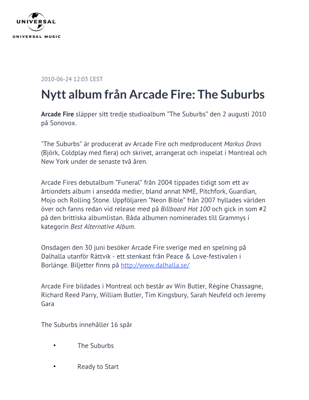 Nytt Album Från Arcade Fire: the Suburbs