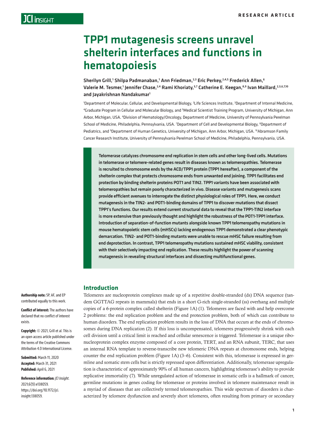 TPP1 Mutagenesis Screens Unravel Shelterin Interfaces and Functions in Hematopoiesis