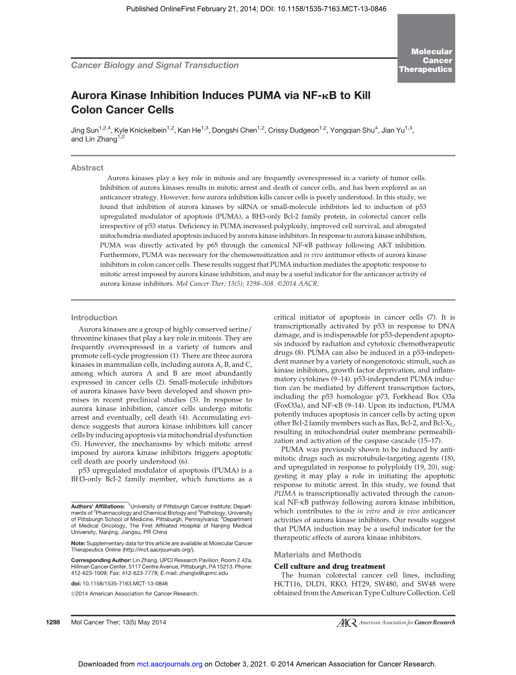 Aurora Kinase Inhibition Induces PUMA Via NF-Kb to Kill Colon Cancer Cells