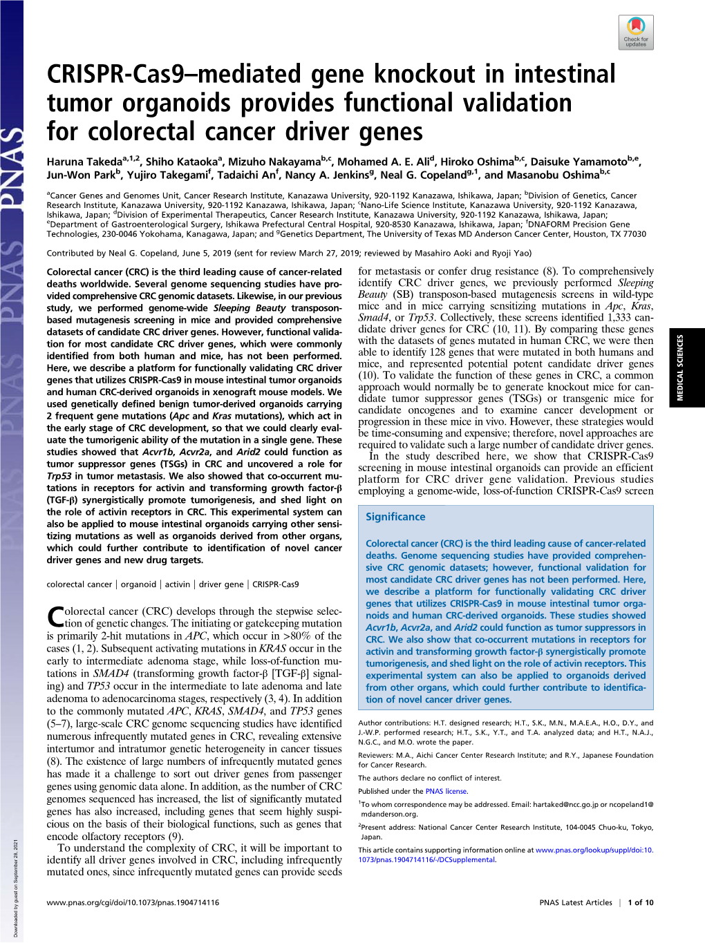 CRISPR-Cas9–Mediated Gene Knockout in Intestinal Tumor Organoids Provides Functional Validation for Colorectal Cancer Driver Genes