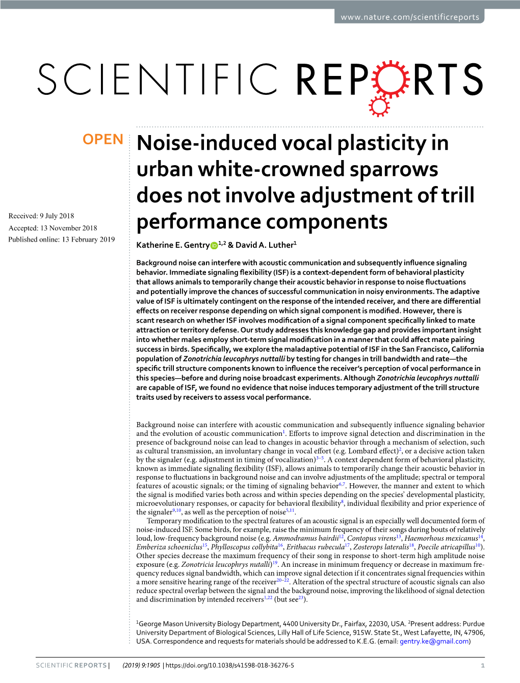 Noise-Induced Vocal Plasticity in Urban White-Crowned Sparrows