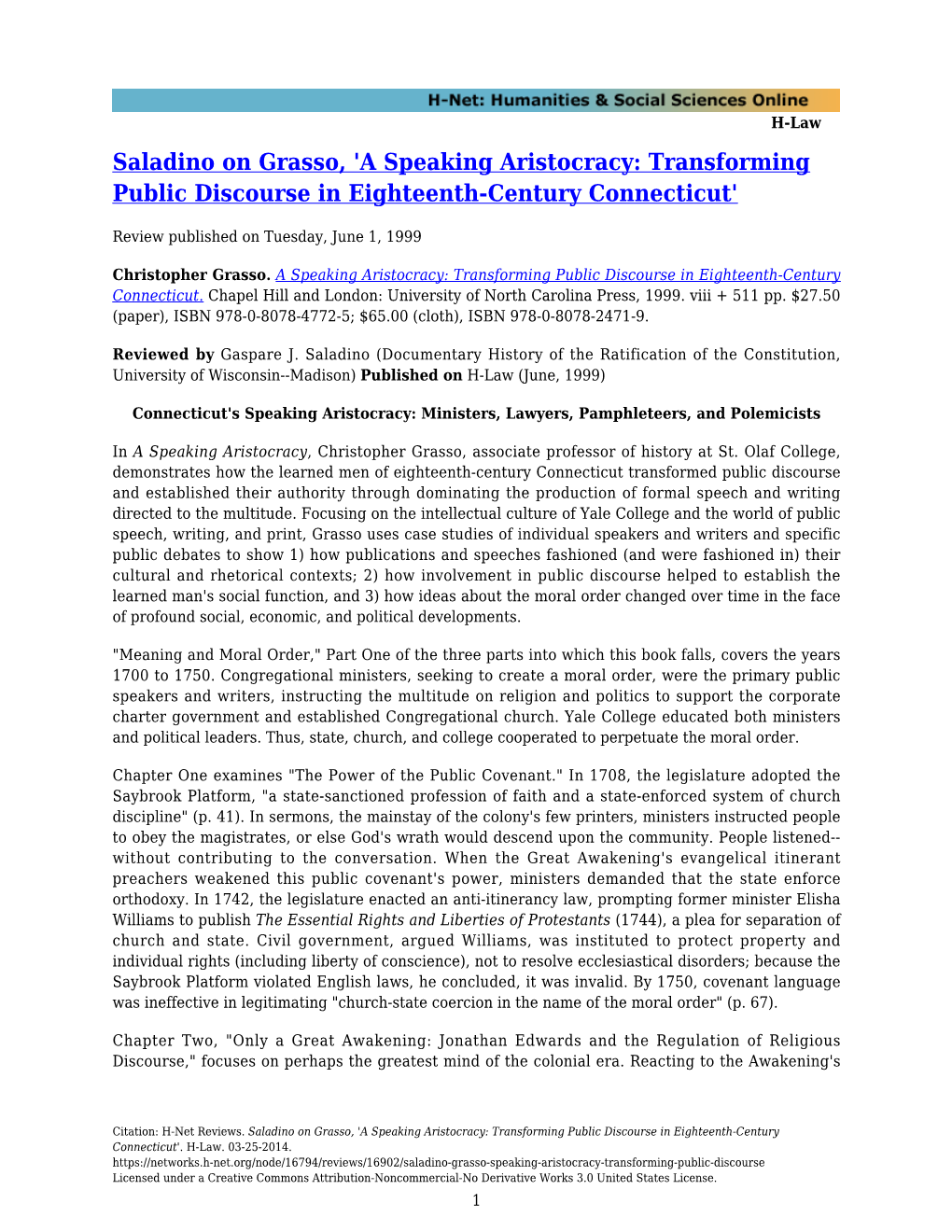 Saladino on Grasso, 'A Speaking Aristocracy: Transforming Public Discourse in Eighteenth-Century Connecticut'