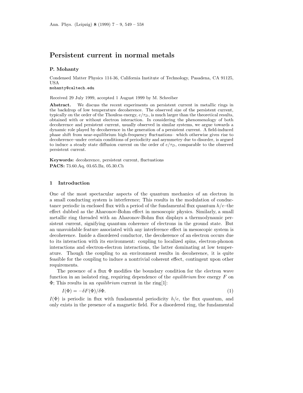 Persistent Current in Normal Metals