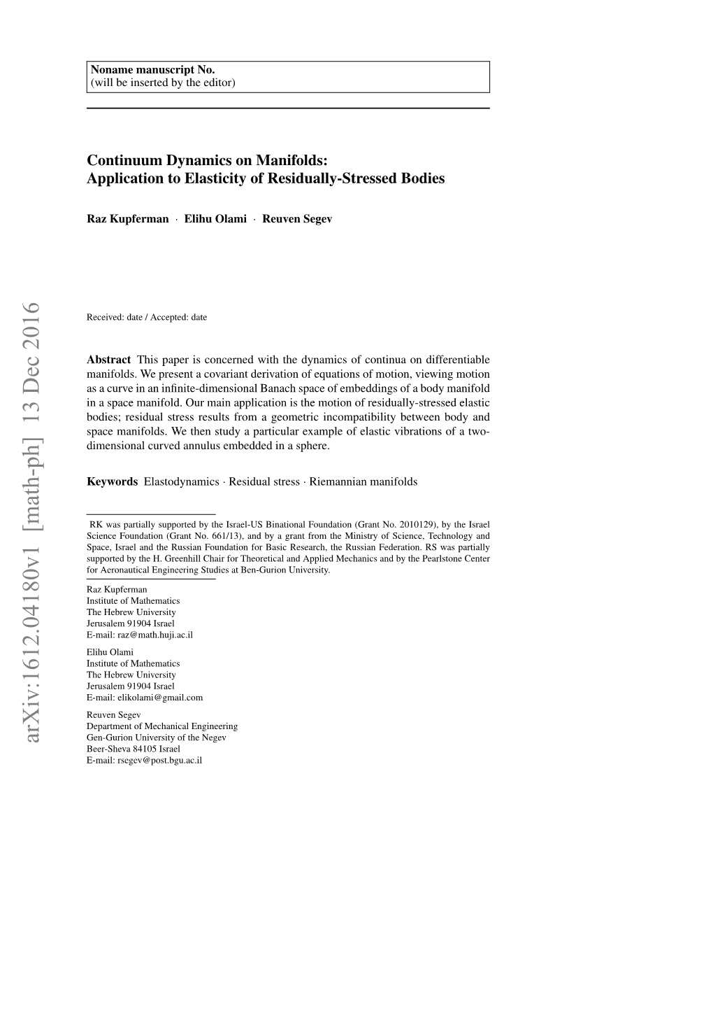 Continuum Dynamics on Manifolds: Application to Elasticity of Residually-Stressed Bodies