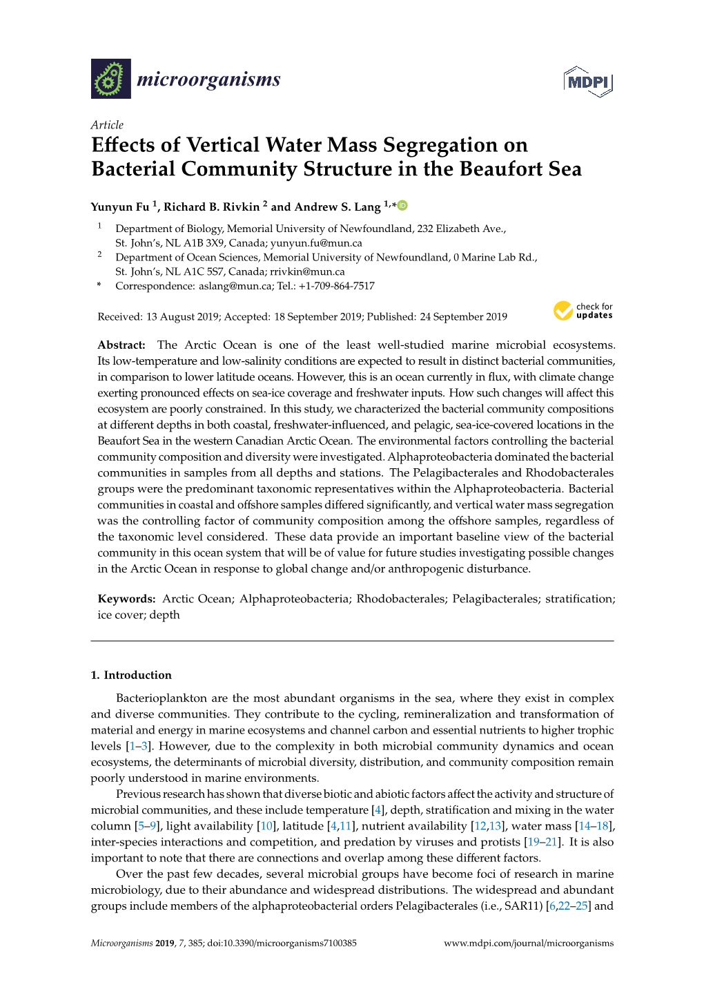 Effects of Vertical Water Mass Segregation on Bacterial