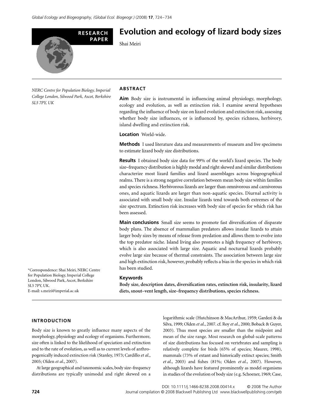 Evolution and Ecology of Lizard Body Sizes PAPER Shai Meiri