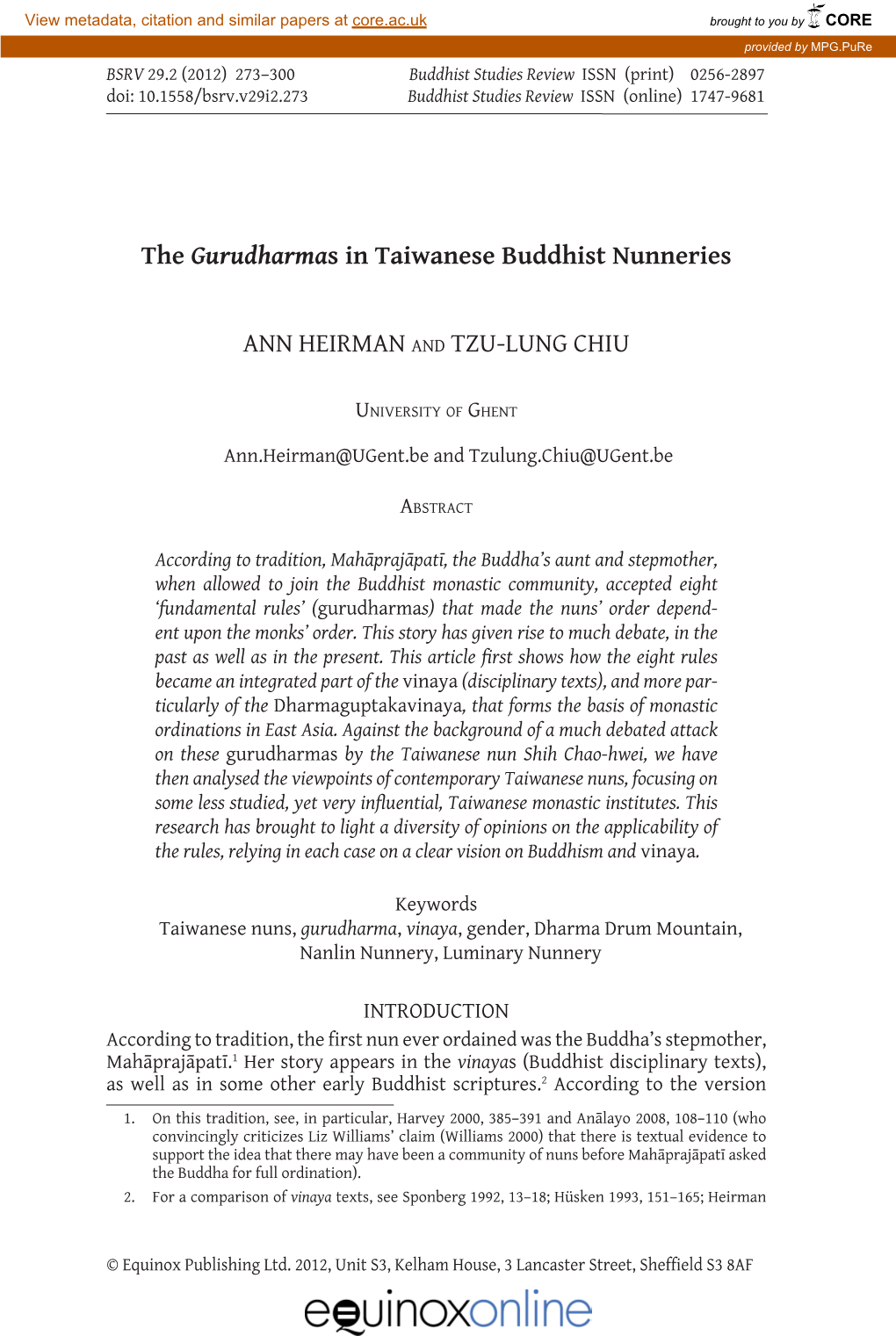 The Gurudharmas in Taiwanese Buddhist Nunneries ANN