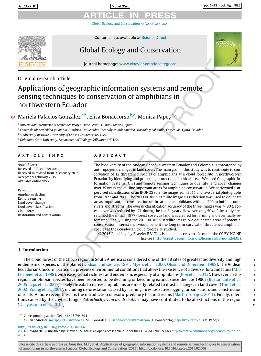 Applications of Geographic Information Systems and Remote Sensing Techniques to Conservation of Amphibians in Northwestern Ecuador