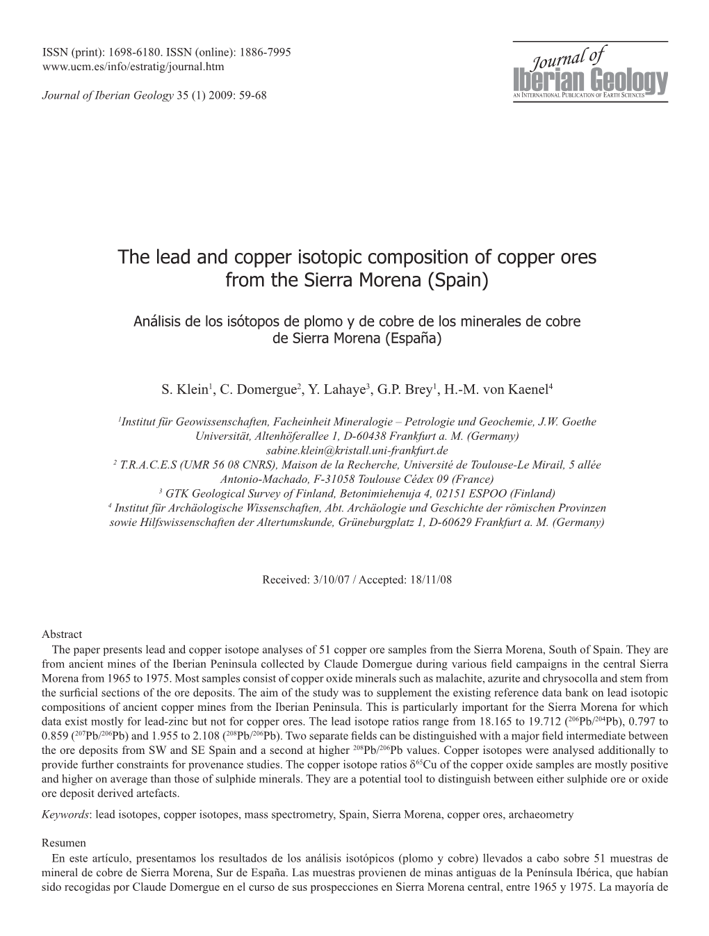 The Lead and Copper Isotopic Composition of Copper Ores from the Sierra Morena (Spain)