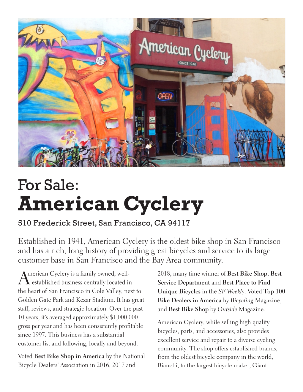 For Sale: American Cyclery 510 Frederick Street, San Francisco, CA 94117