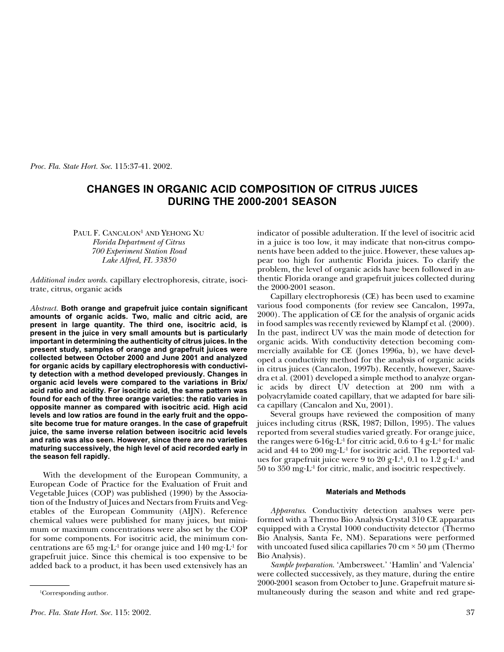 Changes in Organic Acid Composition of Citrus Juices During the 2000-2001 Season