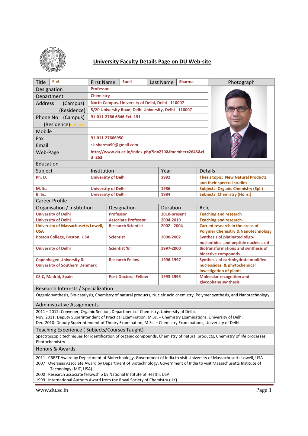 University Faculty Details Page on DU Web-Site