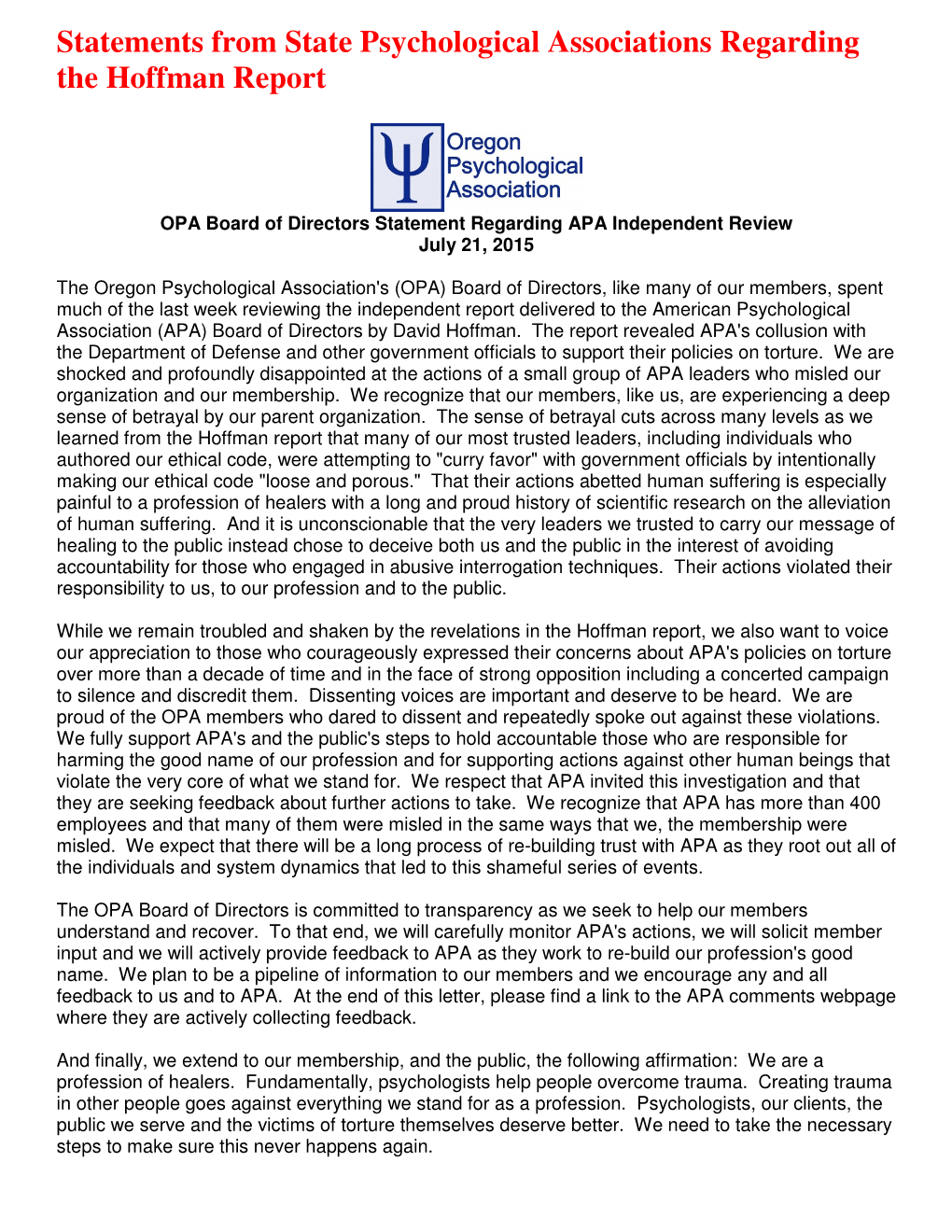 Statements from State Psychological Associations Regarding the Hoffman Report