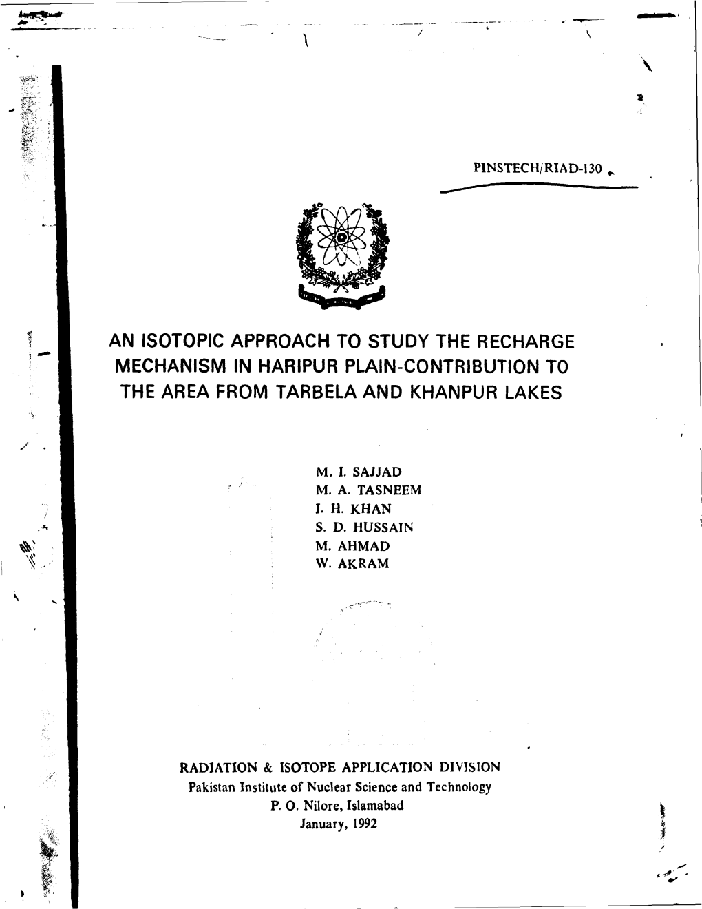 An Isotopic Approach to Study the Recharge Mechanism in Haripur Plain-Contribution to the Area from Tarbela and Khanpur Lakes