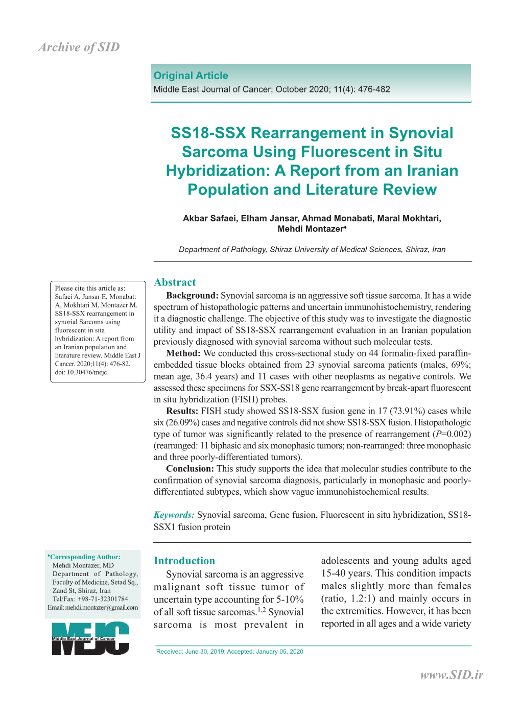 SS18-SSX Rearrangement in Synovial Sarcoma Using Fluorescent in Situ Hybridization: a Report from an Iranian Population and Literature Review