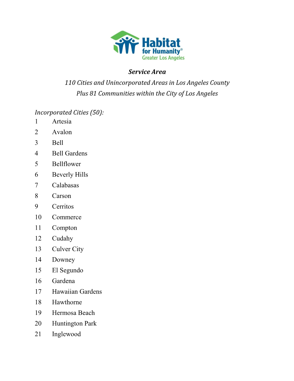 Service Area 110 Cities and Unincorporated Areas in Los Angeles County Plus 81 Communities Within the City of Los Angeles