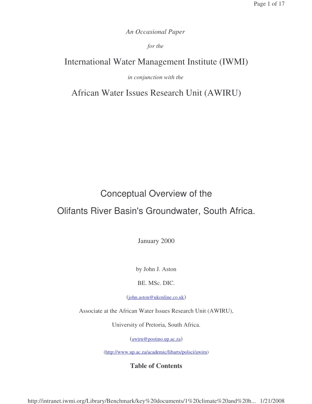 Conceptual Overview of the Olifants River Basin's Groundwater , South