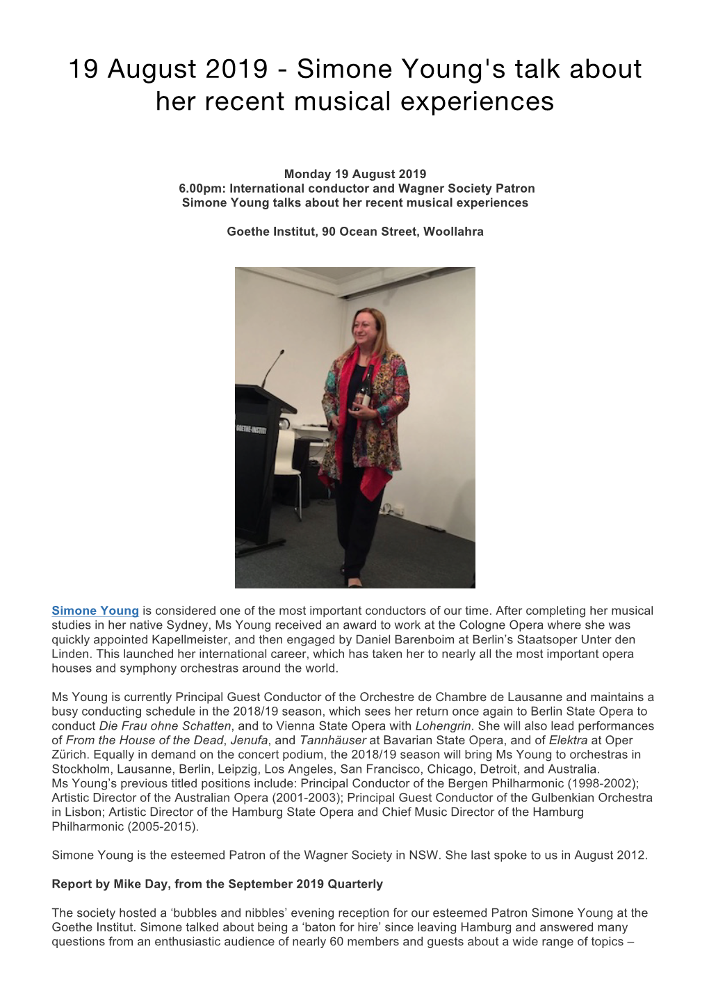 19 August 2019 R Simone Young's Talk About Her Recent Musical