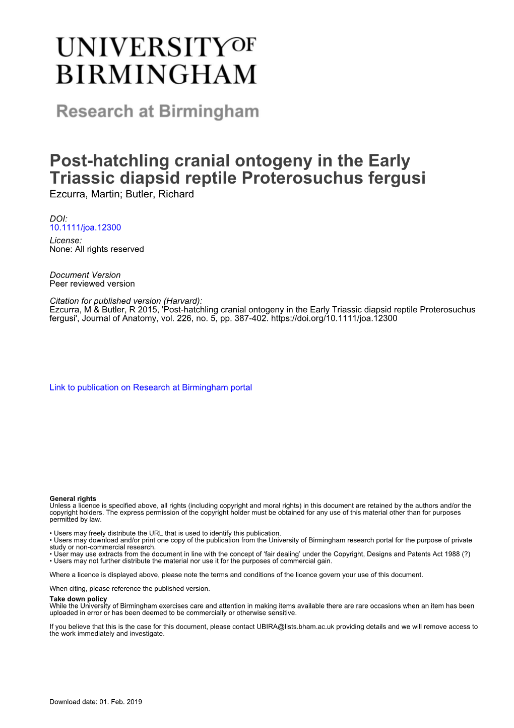 Post-Hatchling Cranial Ontogeny in the Early Triassic Diapsid Reptile Proterosuchus Fergusi Ezcurra, Martin; Butler, Richard