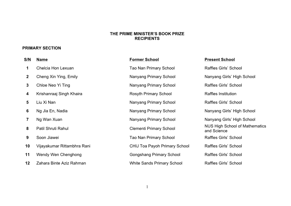 1 the Prime Minister's Book Prize Recipients Primary