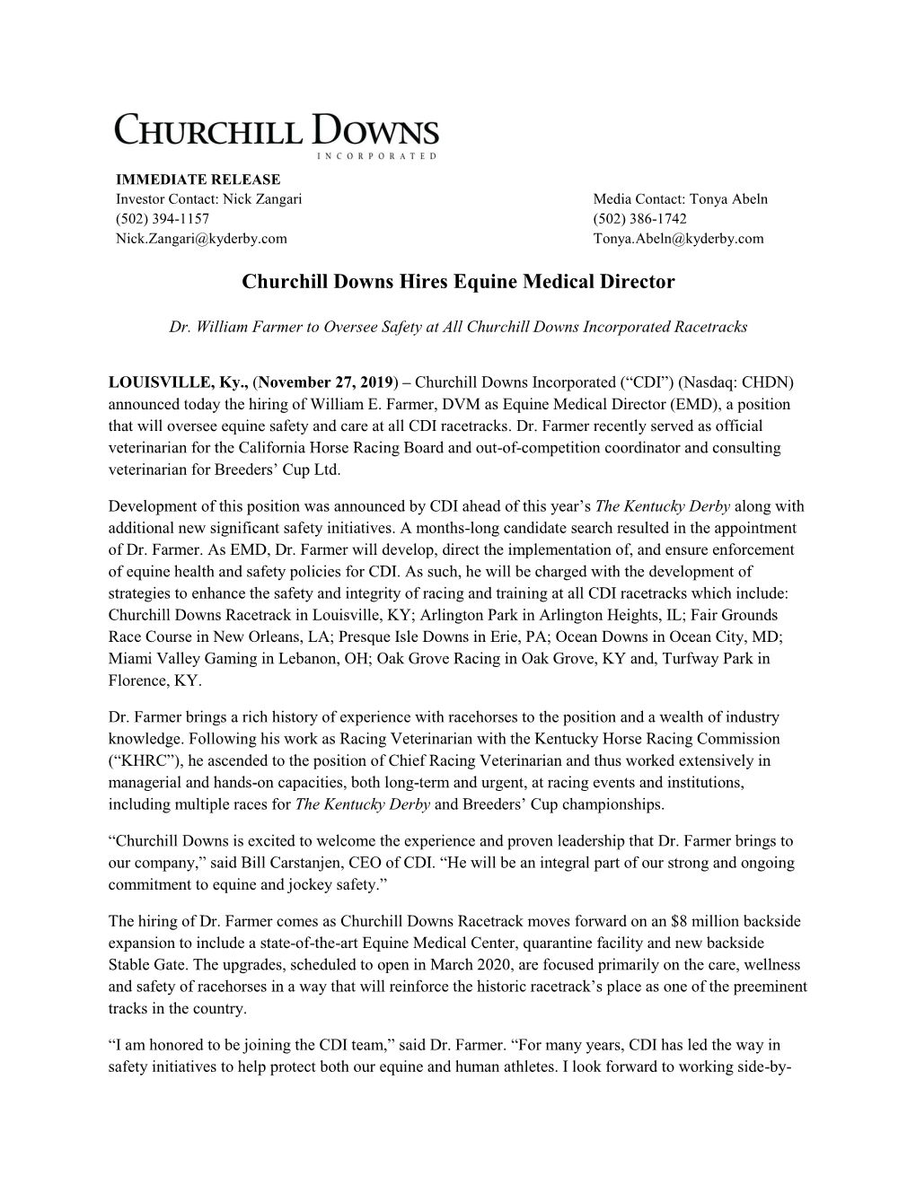 Churchill Downs Hires Equine Medical Director