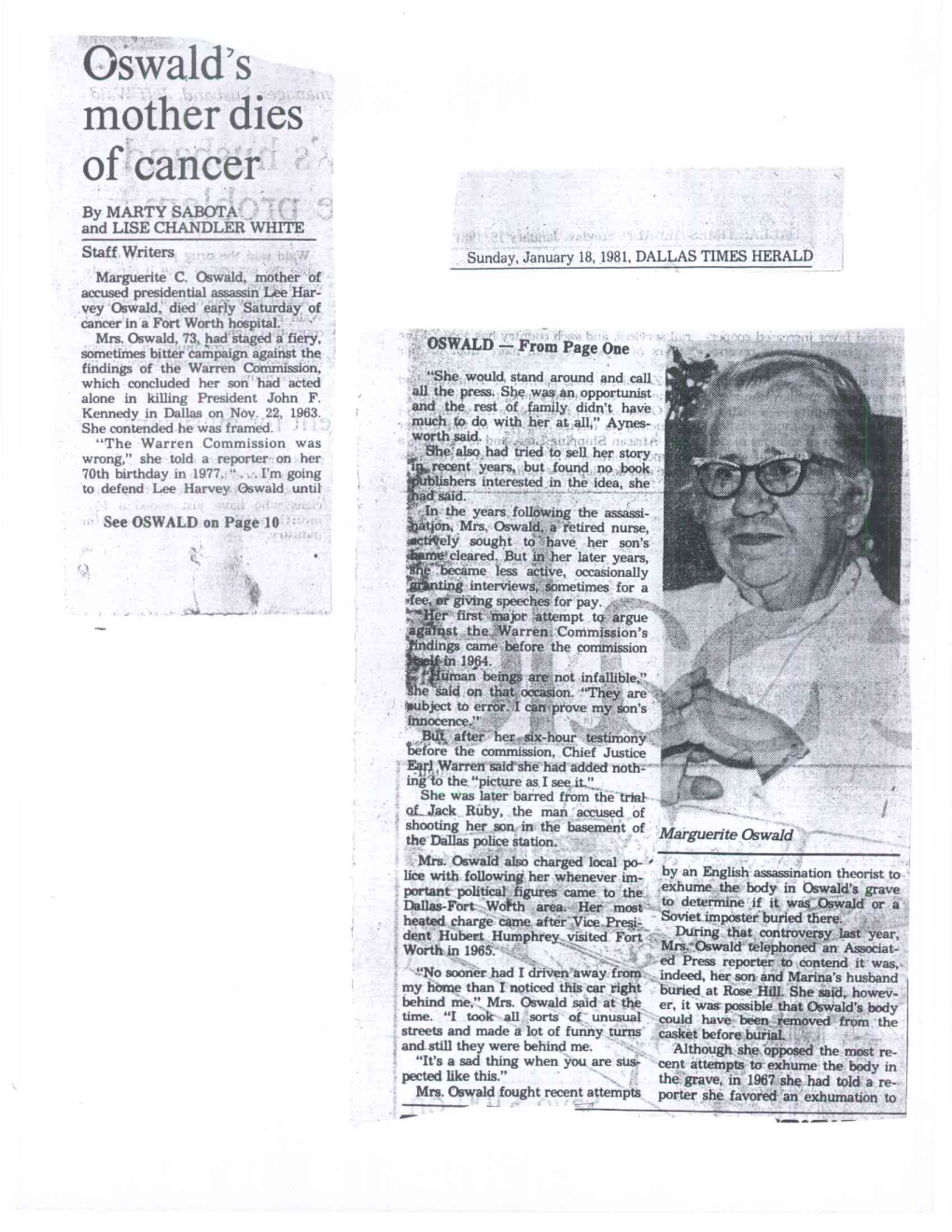 Oswald's Mother Dies Of. Cancer Ri 4C.T by MARTY SABOTA: � and LISE CHANDLER 'WHITE T Staff Writers Sunday, January 18, 1981, DALLAS TIMES HERALD Marguerite C