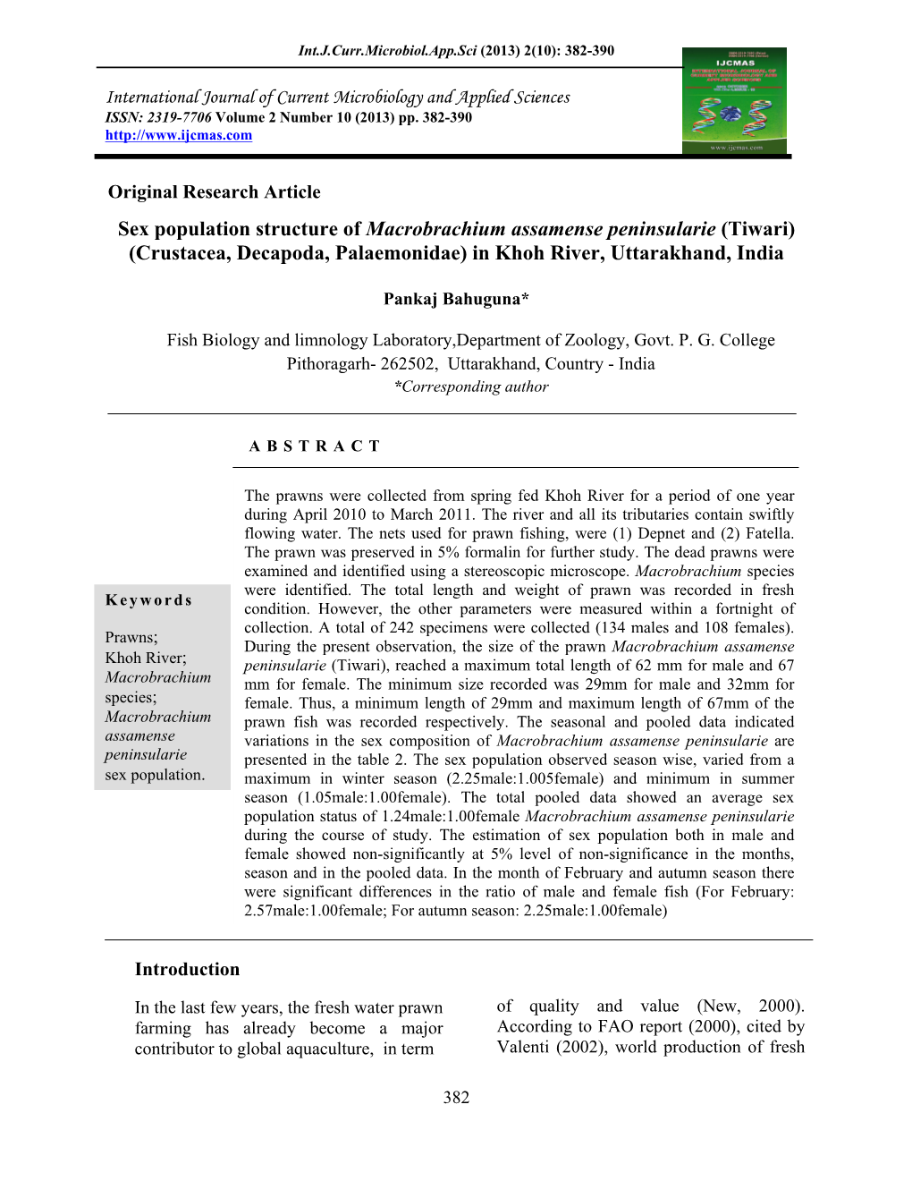 Sex Population Structure of Macrobrachium Assamense Peninsularie (Tiwari) (Crustacea, Decapoda, Palaemonidae) in Khoh River, Uttarakhand, India