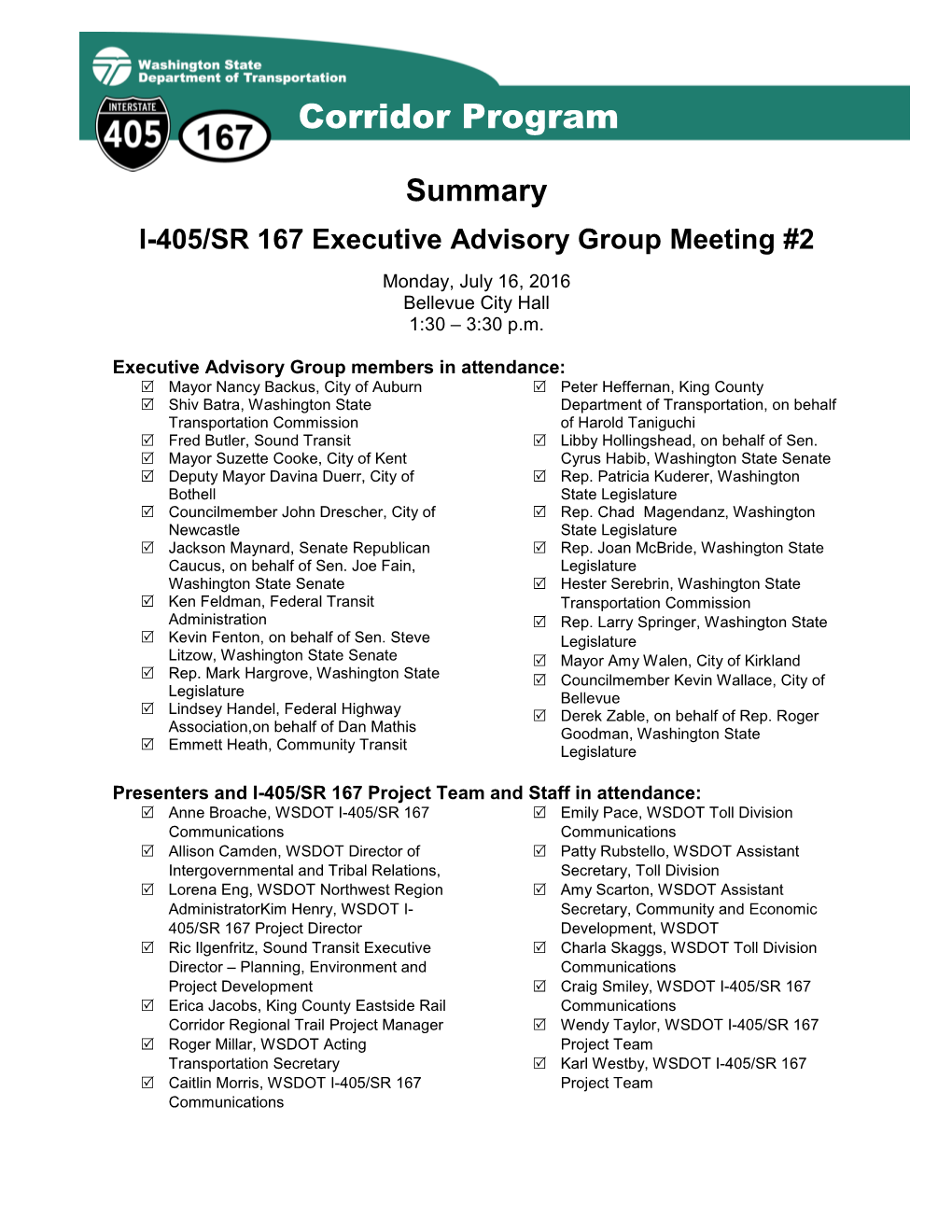 I-405 Executive Advisory Group Meeting Summary