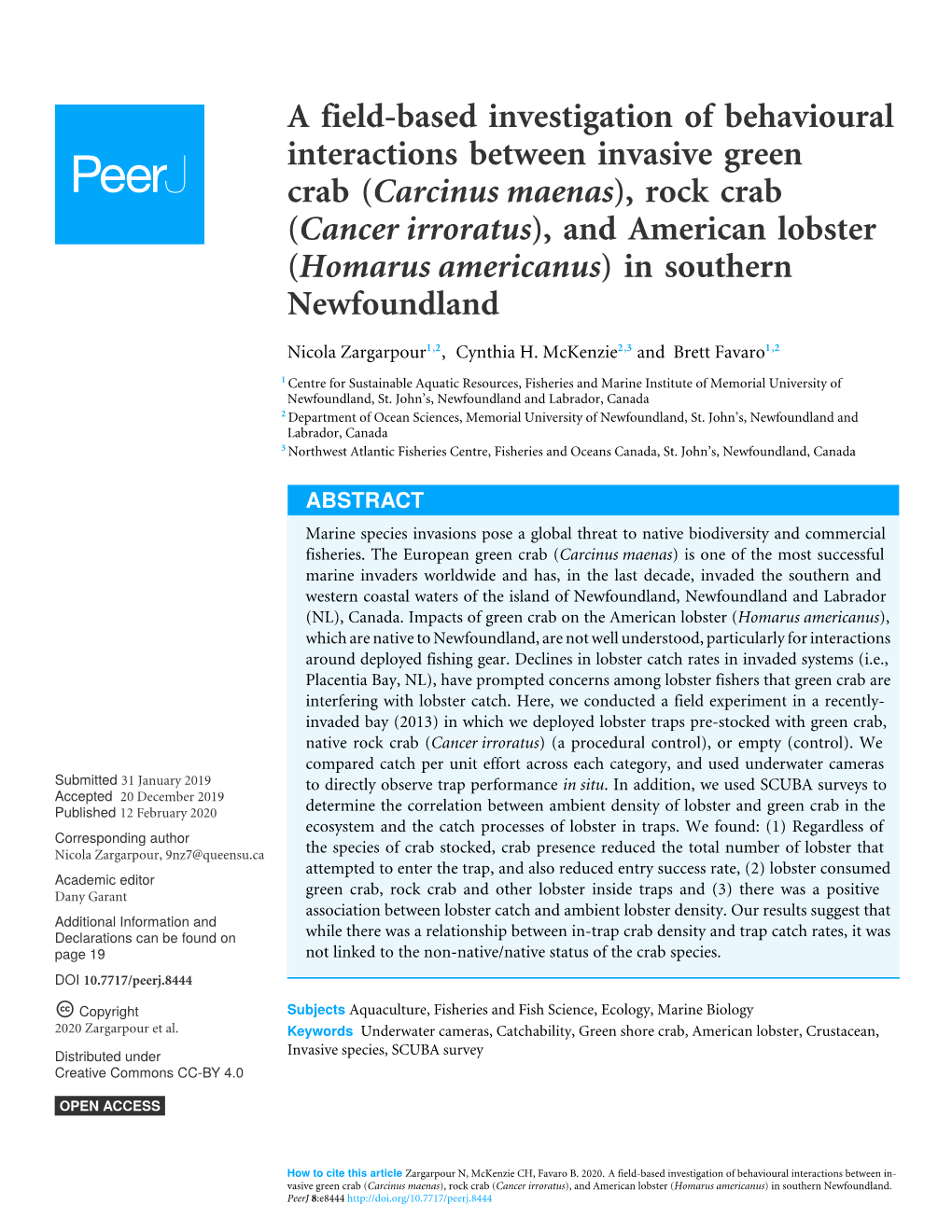 (Carcinus Maenas), Rock Crab (Cancer Irroratus), and American Lobster (Homarus Americanus) in Southern Newfoundland