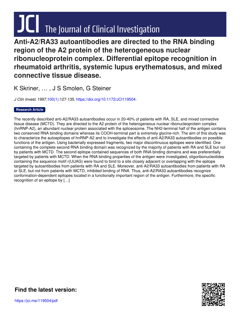 Anti-A2/RA33 Autoantibodies Are Directed to the RNA Binding Region of the A2 Protein of the Heterogeneous Nuclear Ribonucleoprotein Complex