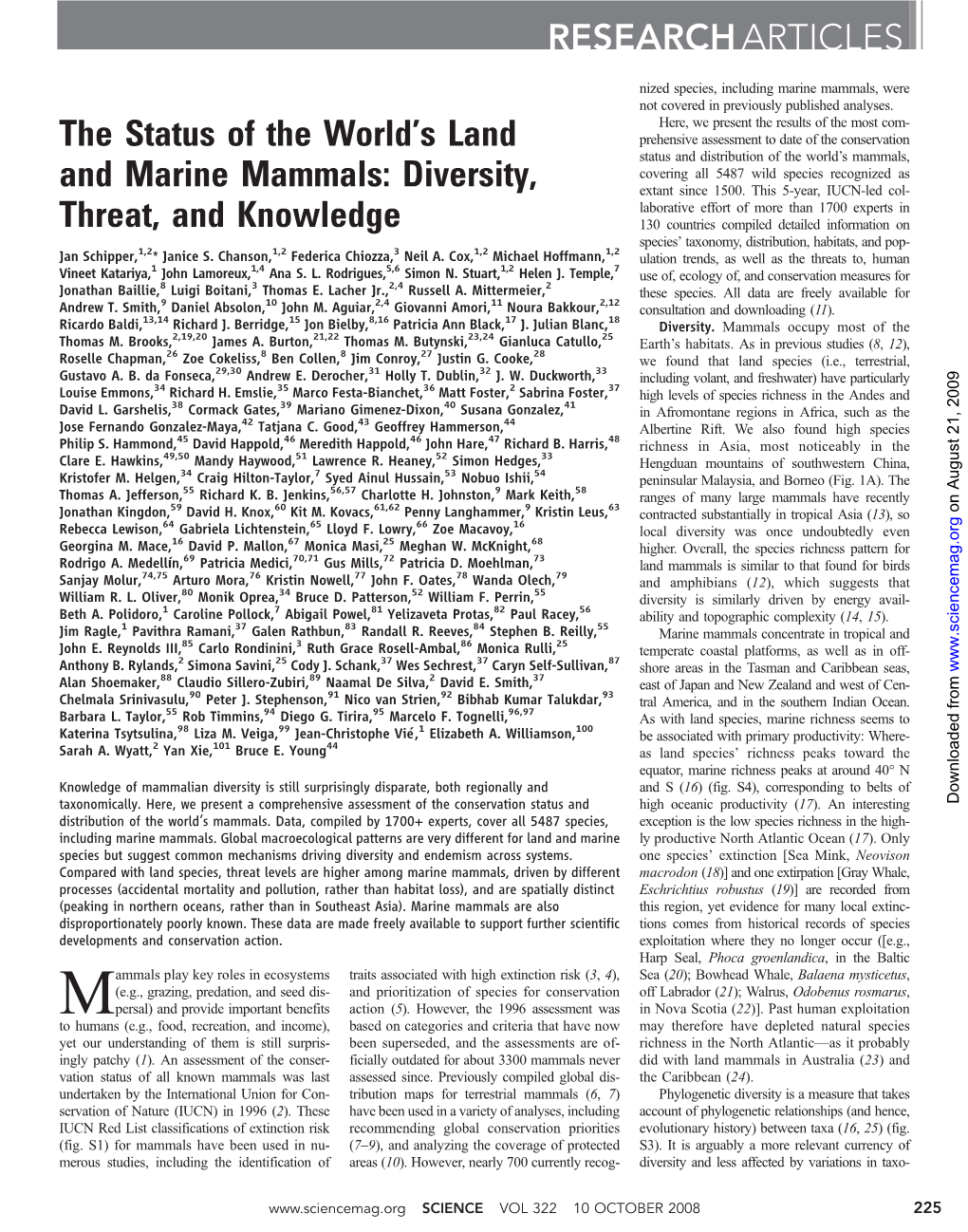 The Status of the Worldls Land and Marine Mammals: Diversity, Threat