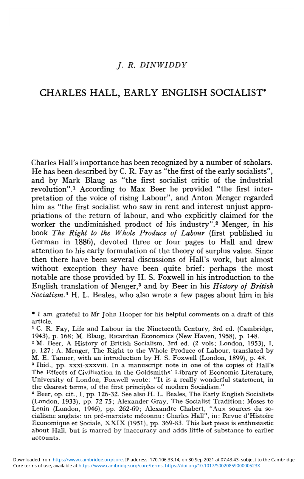 Charles Hall, Early English Socialist*