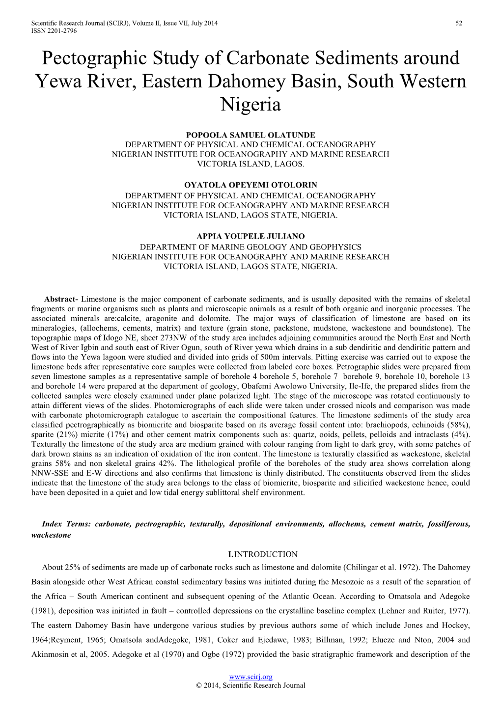 Pectographic Study of Carbonate Sediments Around Yewa River, Eastern Dahomey Basin, South Western Nigeria