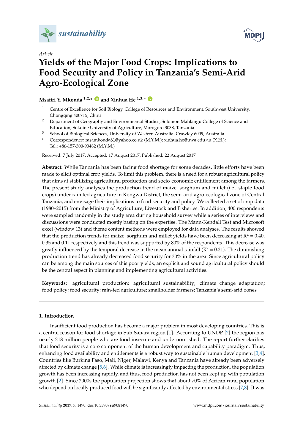 Implications to Food Security and Policy in Tanzania's Semi-Arid Agro